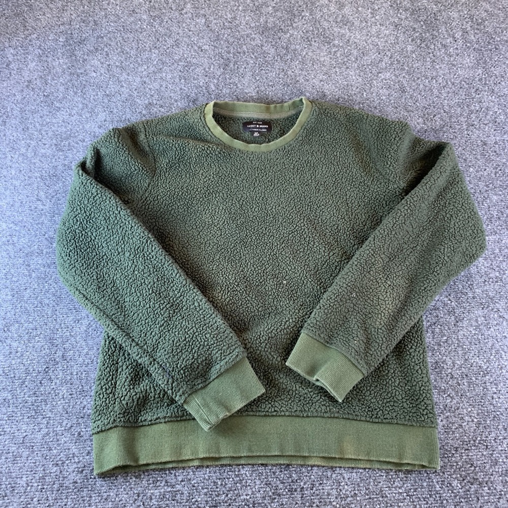 Lucky Brand Sherpa Fleece Sweatshirt Mens Small Olive Green Crew Neck Pullover